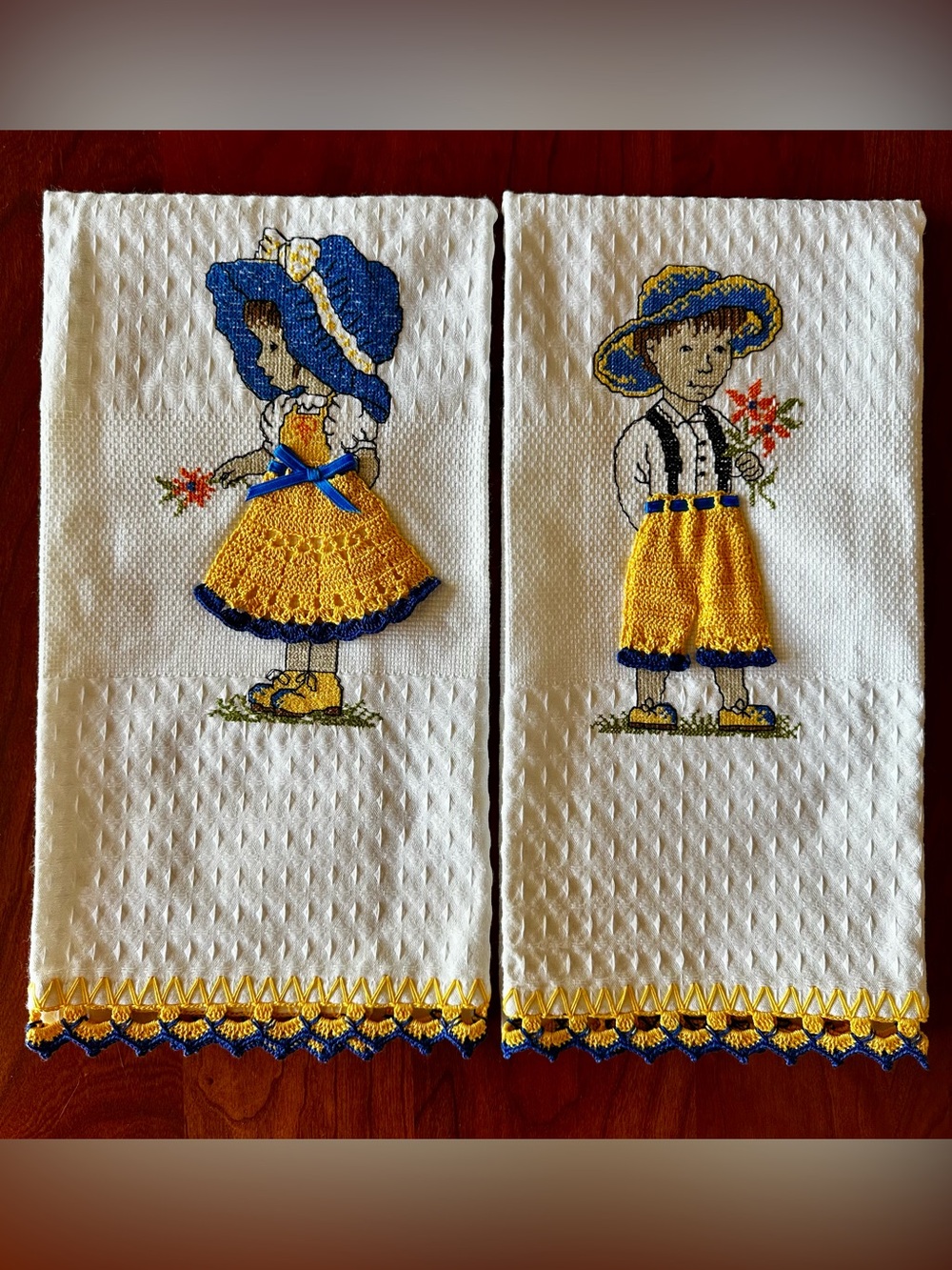 NWOT Pair of embroidered and crocheted tea towels. White cotton waffle weave.